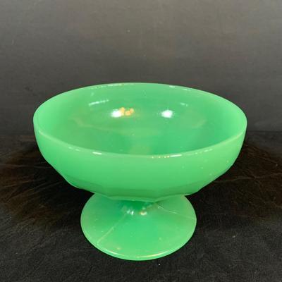 LOT 266: Uranium Glass Loving Cup and Jade Compote Bowl
