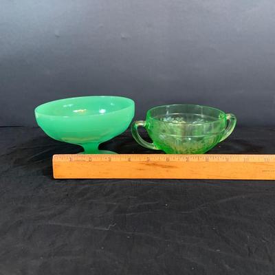 LOT 266: Uranium Glass Loving Cup and Jade Compote Bowl