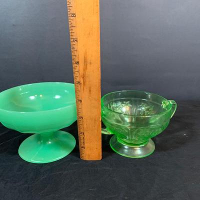 LOT 266: Uranium Glass Loving Cup and Jade Compote Bowl