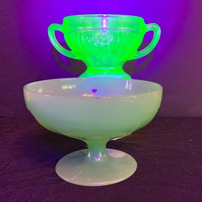 LOT 266: Uranium Glass Loving Cup and Jade Compote Bowl