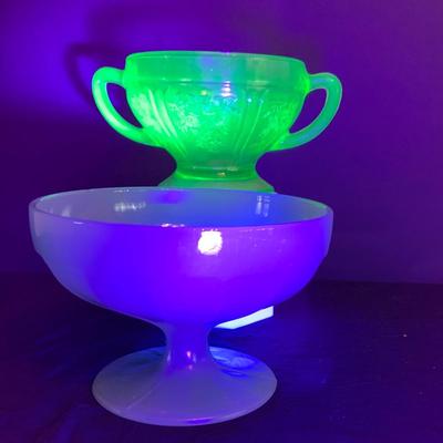 LOT 266: Uranium Glass Loving Cup and Jade Compote Bowl