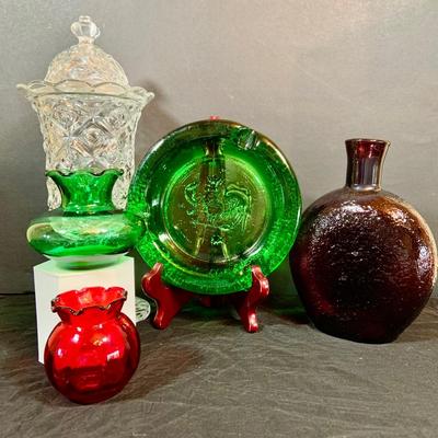 LOT267: Beautiful Colored Glass Collection Including Vases, Ashtray, Decanter and Crystal Lidded Jar