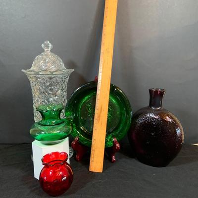 LOT267: Beautiful Colored Glass Collection Including Vases, Ashtray, Decanter and Crystal Lidded Jar