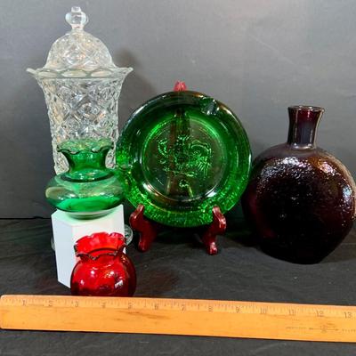LOT267: Beautiful Colored Glass Collection Including Vases, Ashtray, Decanter and Crystal Lidded Jar