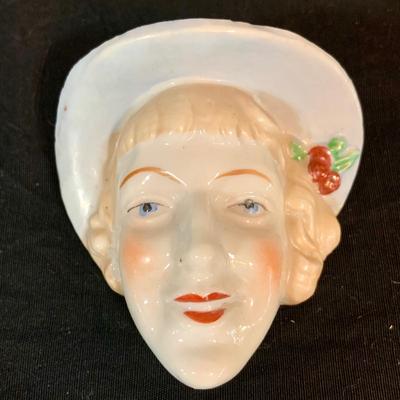LOT 270: Set of Three (3) Vintage Art Deco Lady Head Ceramic Wall Pockets from Japan, Ceramic Cigarette Box and Ashtrays Linens, Make-up...