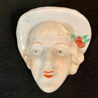 LOT 270: Set of Three (3) Vintage Art Deco Lady Head Ceramic Wall Pockets from Japan, Ceramic Cigarette Box and Ashtrays Linens, Make-up...
