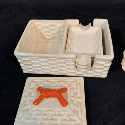 LOT 270: Set of Three (3) Vintage Art Deco Lady Head Ceramic Wall Pockets from Japan, Ceramic Cigarette Box and Ashtrays Linens, Make-up...