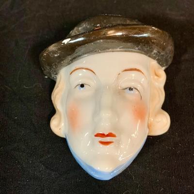 LOT 270: Set of Three (3) Vintage Art Deco Lady Head Ceramic Wall Pockets from Japan, Ceramic Cigarette Box and Ashtrays Linens, Make-up...