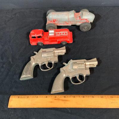 LOT 267: Collection of Vintage Hubley Metal Toys, -Firetruck, Kiddie Car, and Two (2) Trooper Toy Guns