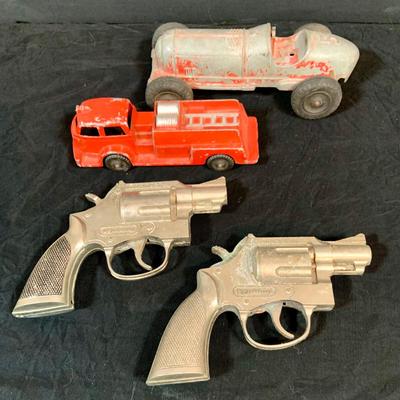 LOT 267: Collection of Vintage Hubley Metal Toys, -Firetruck, Kiddie Car, and Two (2) Trooper Toy Guns