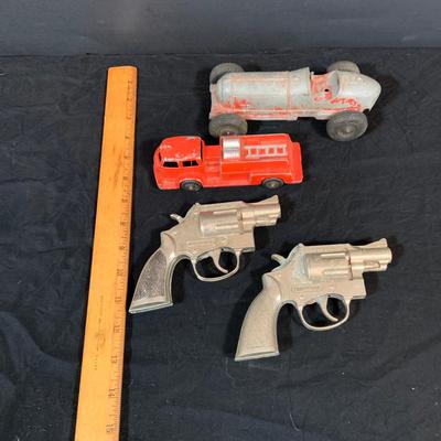 LOT 267: Collection of Vintage Hubley Metal Toys, -Firetruck, Kiddie Car, and Two (2) Trooper Toy Guns