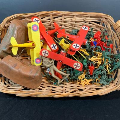 LOT: As Found Basket of Toy Soldiers, WWI Plastic Bi-Planes and More