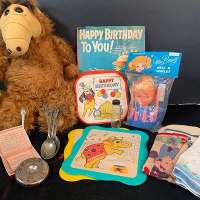 LOT 283: Assortment of Vintage Children’s, Toys, Books, Plush, Including Alf, Hanna Barbera Spoons and Much More