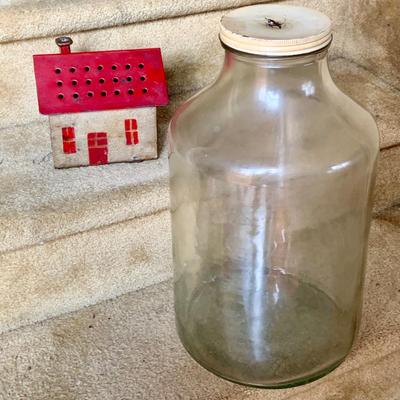 LOT 284: Large Glass Bottle Bank and Cast Iron House Bank
