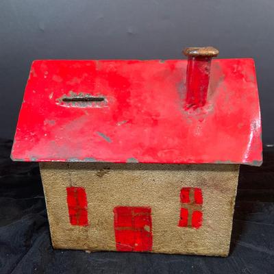LOT 284: Large Glass Bottle Bank and Cast Iron House Bank