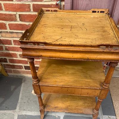 LOT 285: Set of Two (2) Vintage Wood Side Tables with Middle Drawer and a Vintage Wood Telephone Stand