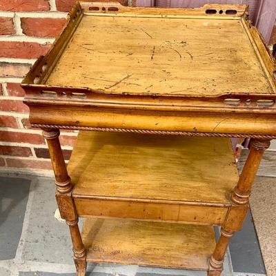 LOT 285: Set of Two (2) Vintage Wood Side Tables with Middle Drawer and a Vintage Wood Telephone Stand