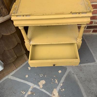 LOT 285: Set of Two (2) Vintage Wood Side Tables with Middle Drawer and a Vintage Wood Telephone Stand