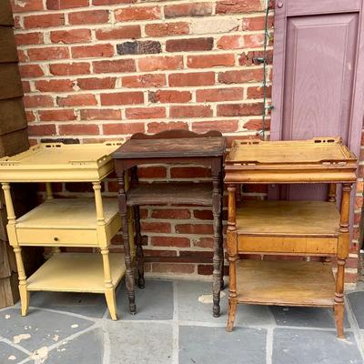LOT 285: Set of Two (2) Vintage Wood Side Tables with Middle Drawer and a Vintage Wood Telephone Stand