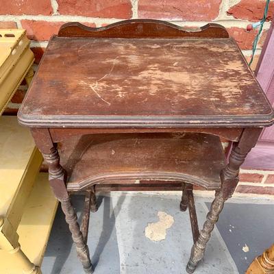LOT 285: Set of Two (2) Vintage Wood Side Tables with Middle Drawer and a Vintage Wood Telephone Stand