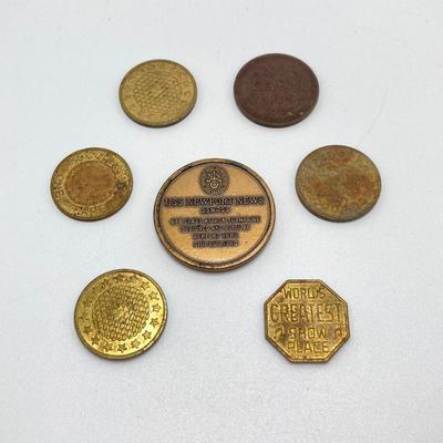 LOT 298: Vintage Foreign Paper Currency and Collection of Tokens - NY City Transit Authority, USS Newport News, Show World Center and Moe