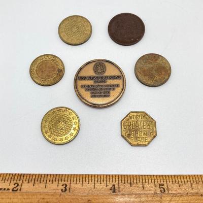 LOT 298: Vintage Foreign Paper Currency and Collection of Tokens - NY City Transit Authority, USS Newport News, Show World Center and Moe
