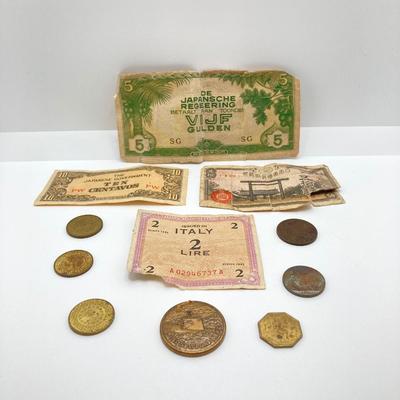 LOT 298: Vintage Foreign Paper Currency and Collection of Tokens - NY City Transit Authority, USS Newport News, Show World Center and Moe