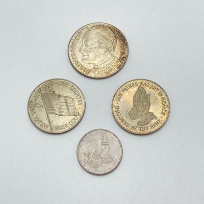 LOT 299: Coins and Token Collection - Silver Pope John Paul II Coin / Medal, Religious Prayer, Patriotic Pledge of Allegiance and More