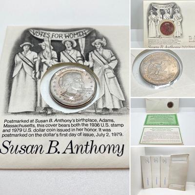 LOT 302: Collection of Five Susan B. Anthony Coins / Stamps Postmarked at Her Birthplace Adams, MA (First Day Covers)