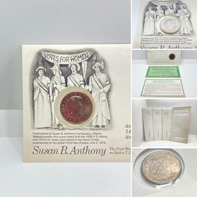 LOT 302: Collection of Five Susan B. Anthony Coins / Stamps Postmarked at Her Birthplace Adams, MA (First Day Covers)
