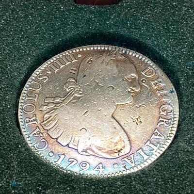 LOT 314: 1794 Carolous IIII Dei Gratia Hisean Et Ind Rex 8 R F M Spanish Colonial Silver Coin
