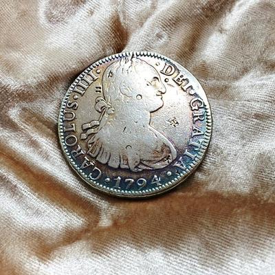 LOT 314: 1794 Carolous IIII Dei Gratia Hisean Et Ind Rex 8 R F M Spanish Colonial Silver Coin