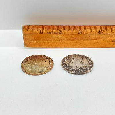 LOT 315: Two 1795 Carolous IIII Dei Gratia Hisean Et Ind Rex 8 R F M Spanish Colonial Silver Coins