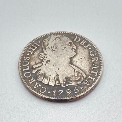 LOT 315: Two 1795 Carolous IIII Dei Gratia Hisean Et Ind Rex 8 R F M Spanish Colonial Silver Coins