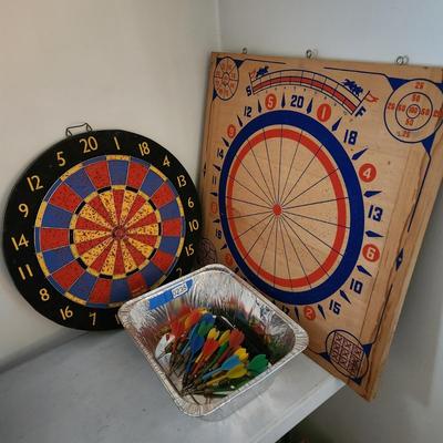 Lot of 2 sided Porker Dart Board and Champion Dart Baseball Board with Darts made in England