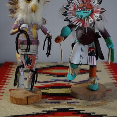 TWO KATCHINA DOLLS 11" SUN DANCER AND OWL DANCER / MEXICAN WOVEN SMALL RUG