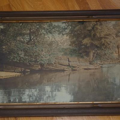 "THE SWIMMING POND" SIGNED WALLACE NUTTING COLORED PHOTOGRAPH VINTAGE FRAME. SIGNED 44" BY 22"