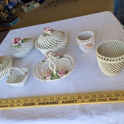Collection of 7 Vintage Porcelain Woven Baskets