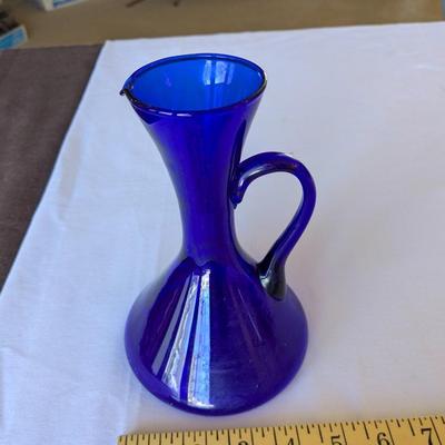 Cobalt Blue Blown Glass Pitcher Jug Handle Pouring Rim