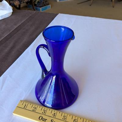 Cobalt Blue Blown Glass Pitcher Jug Handle Pouring Rim