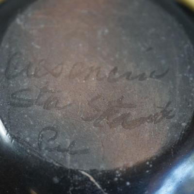 PAIR OF ETCHED BLACK CLAY POTS. 1940-1950'S 4 1/2" & 3"