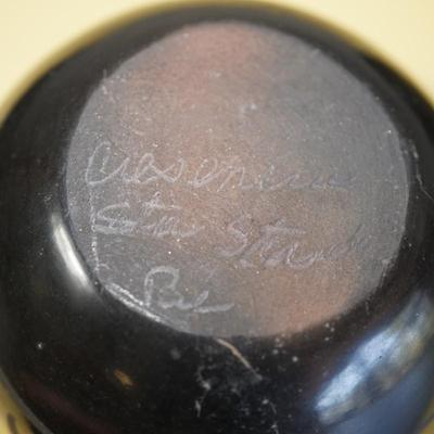 PAIR OF ETCHED BLACK CLAY POTS. 1940-1950'S 4 1/2" & 3"
