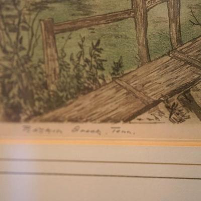 LEON PESCHERET HAND COLORED ETCHING "BASKIN CREEK TENNESSE" MATTED &FRAMED SIGNED
