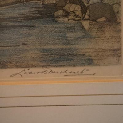 LEON PESCHERET HAND COLORED ETCHING "BASKIN CREEK TENNESSE" MATTED &FRAMED SIGNED