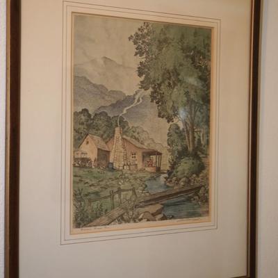LEON PESCHERET HAND COLORED ETCHING "BASKIN CREEK TENNESSE" MATTED &FRAMED SIGNED