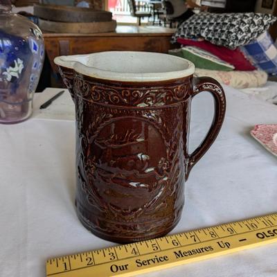 Brown Stoneware Pitcher with Deer