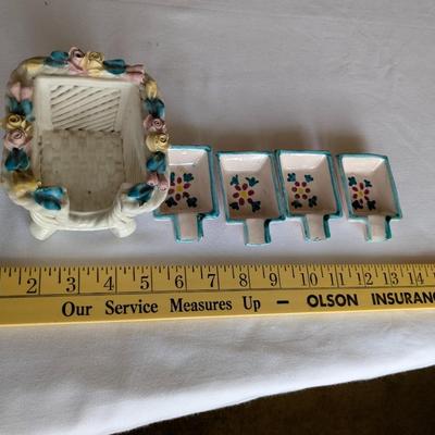 Vintage Handmade Hand Painted Ceramic 4 Pc Ashtray Set W/ Ceramic Basket Holder