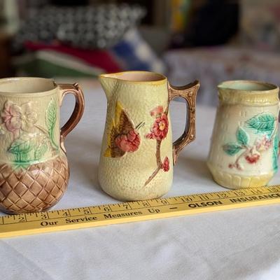 3 Vintage Majolica Creamer Small Pitchers