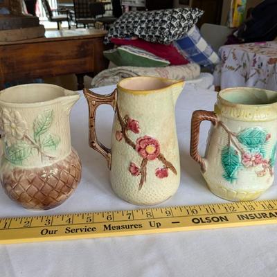 3 Vintage Majolica Creamer Small Pitchers
