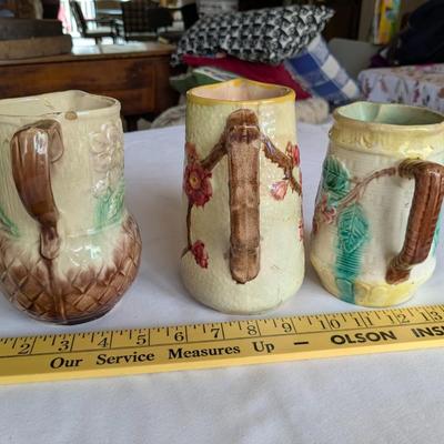 3 Vintage Majolica Creamer Small Pitchers